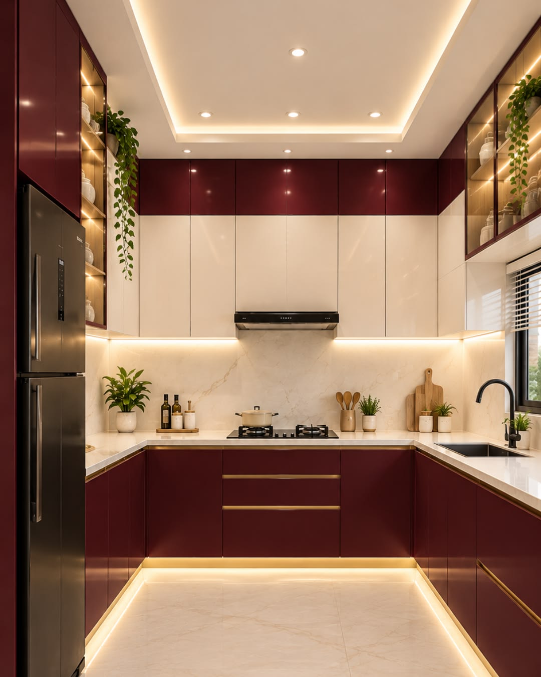 High-Gloss Acrylic Modular Kitchen with Calacatta Quartz Countertop & Seamless Edge #41